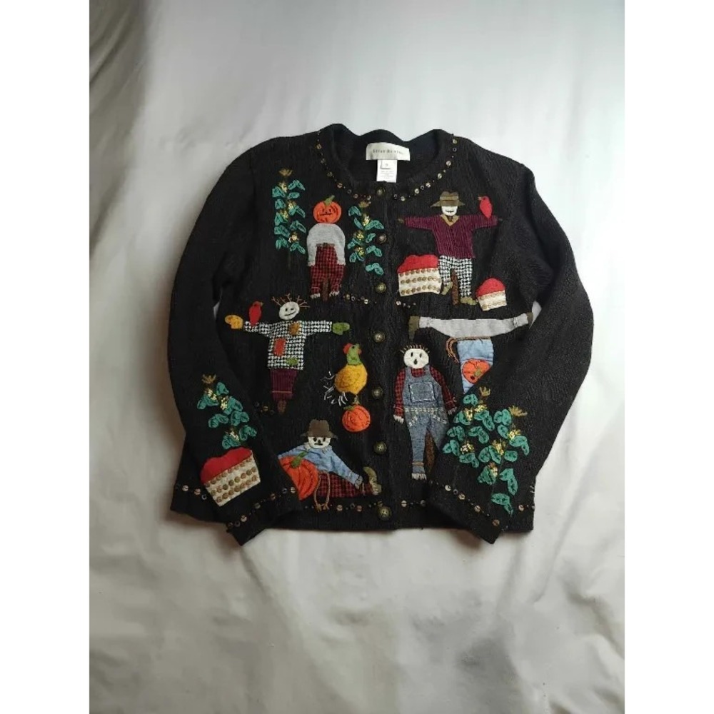 Vintage Susan Bristol Cardigan Sweater Womens Small Black Fall Scarecrow Beaded